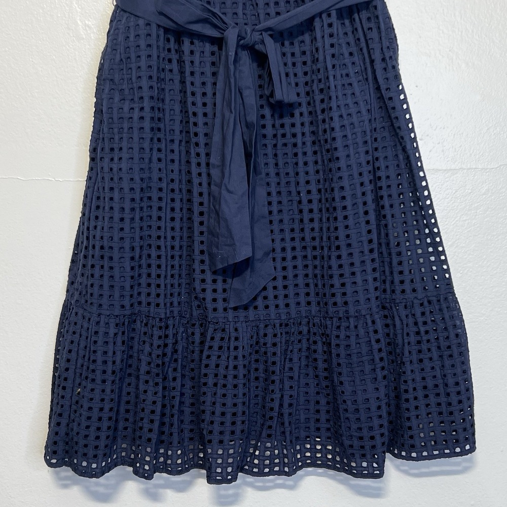 J. Crew Navy Blue Sleeveless Eyelet Dress Sz 12 A-Line‎ Flounce Hem Tie Waist - Picture 5 of 15
